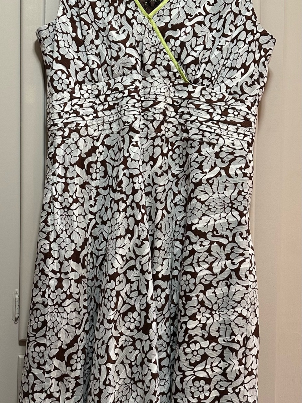 Robbie Bee Brown and White Floral Midi Dress with Lime Trim